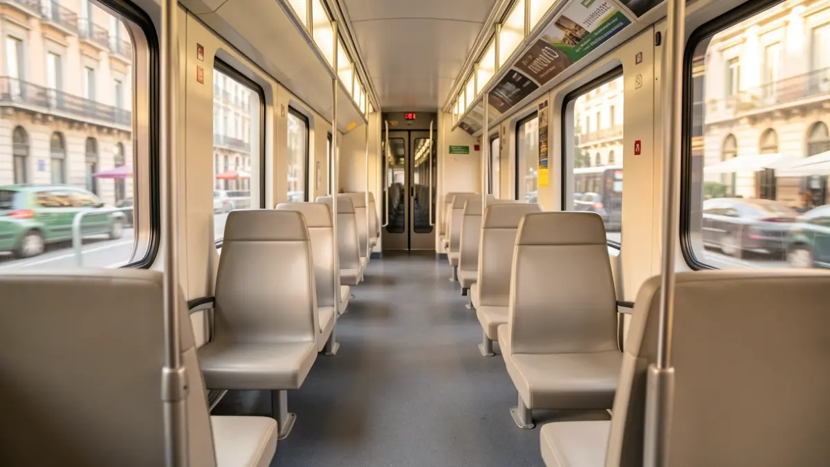 Interior de un tren de Cercanías Madrid con asientos amplios y ventanas grandes.