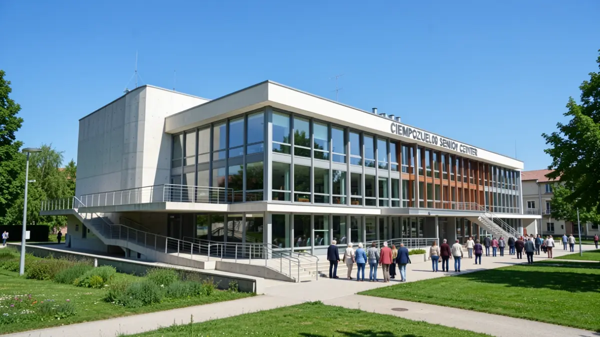 Facade of the Ciempozuelos Senior Center, a modern building with large windows and accessible ramps, under a clear blue sky.