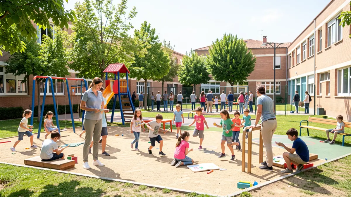 Children playing in a safe schoolyard in Ciempozuelos with areas for sports, reading, and drawing, supervised by educators.