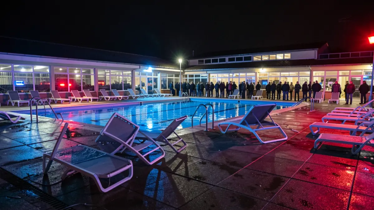 Imagen genérica de una piscina municipal vandalizada por la noche, con luces de emergencia y mobiliario dañado.