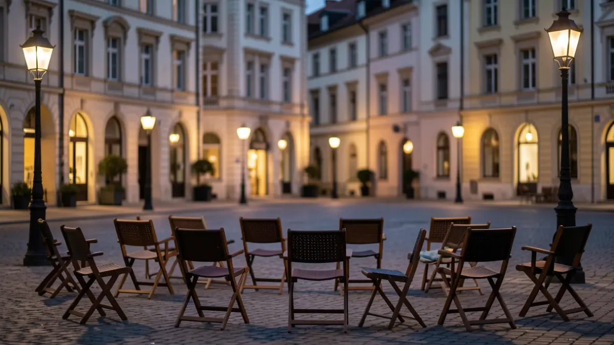 Imagen genérica de una plaza pública preparada para una proyección de cine al aire libre al atardecer.