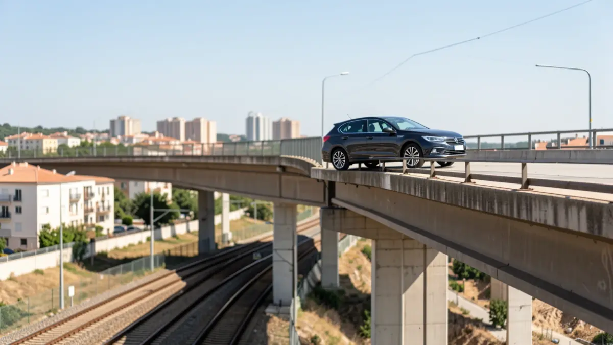 Un turismo en el borde de un puente sobre vías de tren en Fuenlabrada.