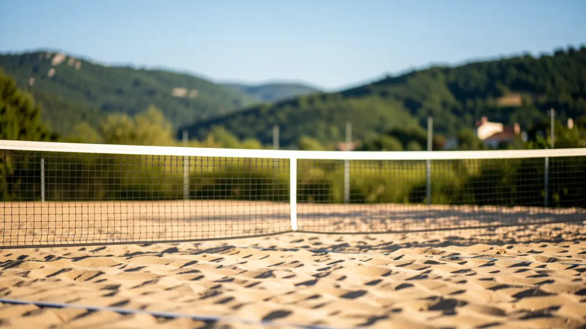 Beach tennis court indoors with net and sand, surrounded by green hills.