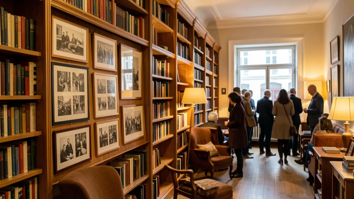 Interior of an exhibition hall with historical photographs and cultural atmosphere.