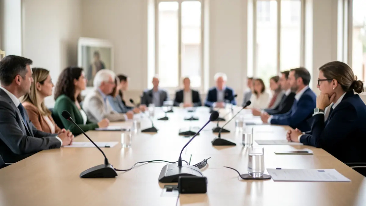 Sala de conferencias en un ayuntamiento con micrófonos y asistentes.