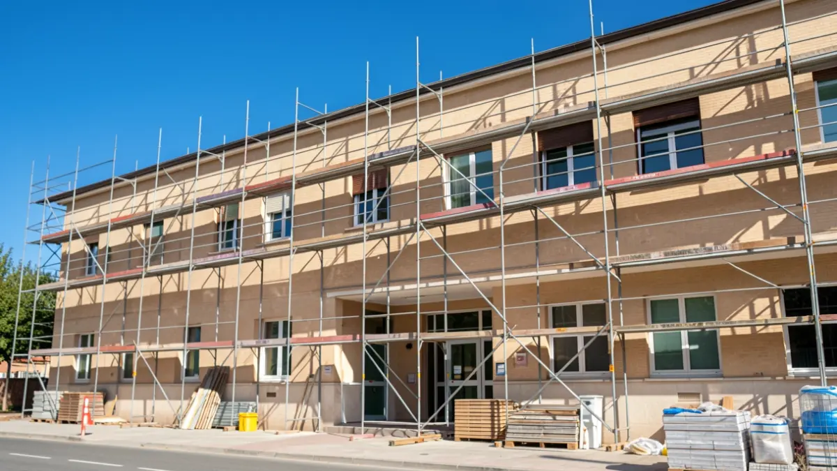 Generic image of the facade of a public school in Collado Villalba undergoing renovation work.