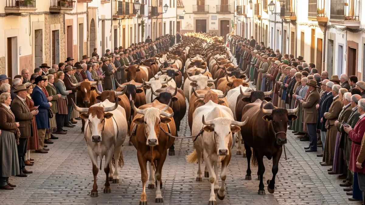 Imagen genérica de una trashumancia tradicional con caballos y bueyes en un pueblo.