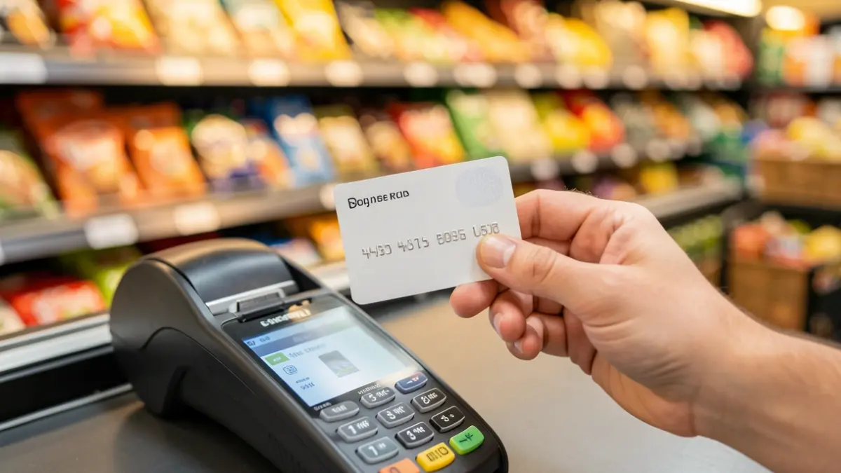 Primer plano de una mano sosteniendo una tarjeta monedero sobre un escáner de caja de supermercado.