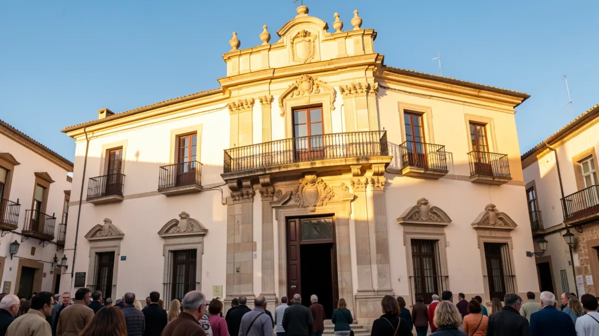 Fachada del Ayuntamiento de Colmenarejo con balcón y barandillas de hierro, iluminada por el sol de la tarde.
