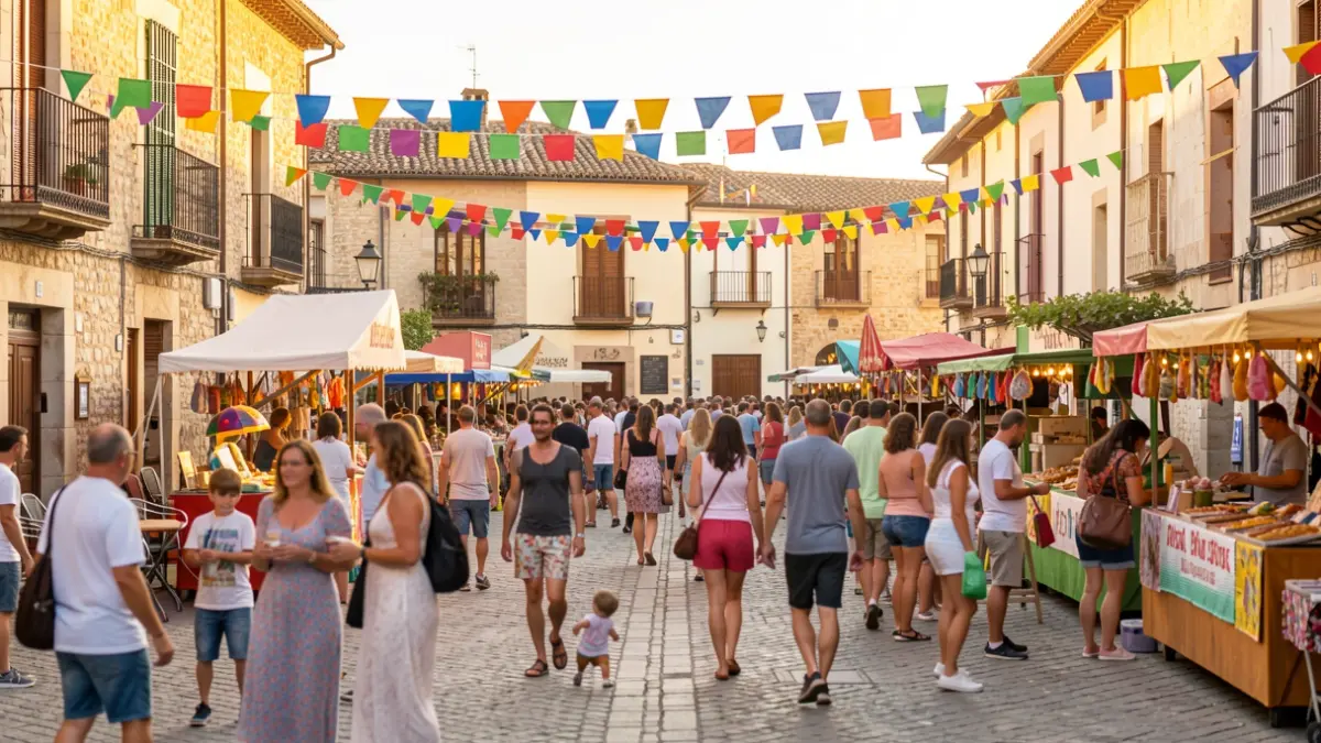 Generic image of a town square with a festive atmosphere and people enjoying themselves.