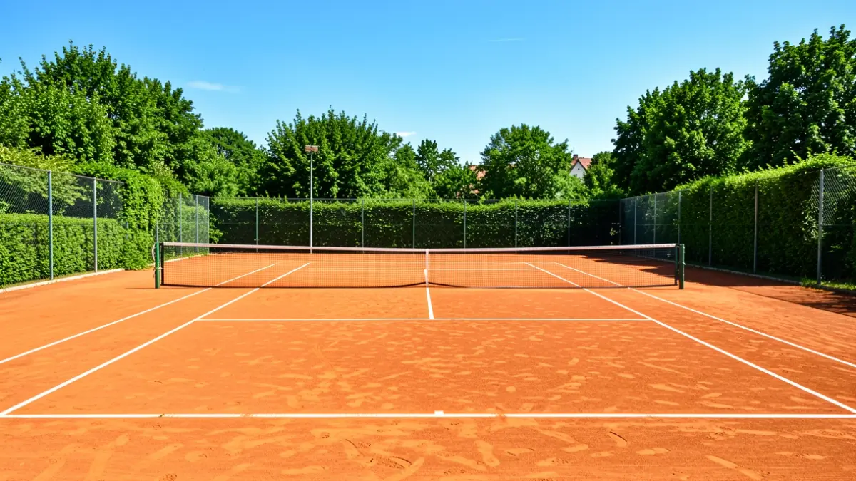 Pista de tenis vacía con tierra batida y líneas blancas, red en el centro, fondo verde con árboles y cielo azul, luz diurna brillante.