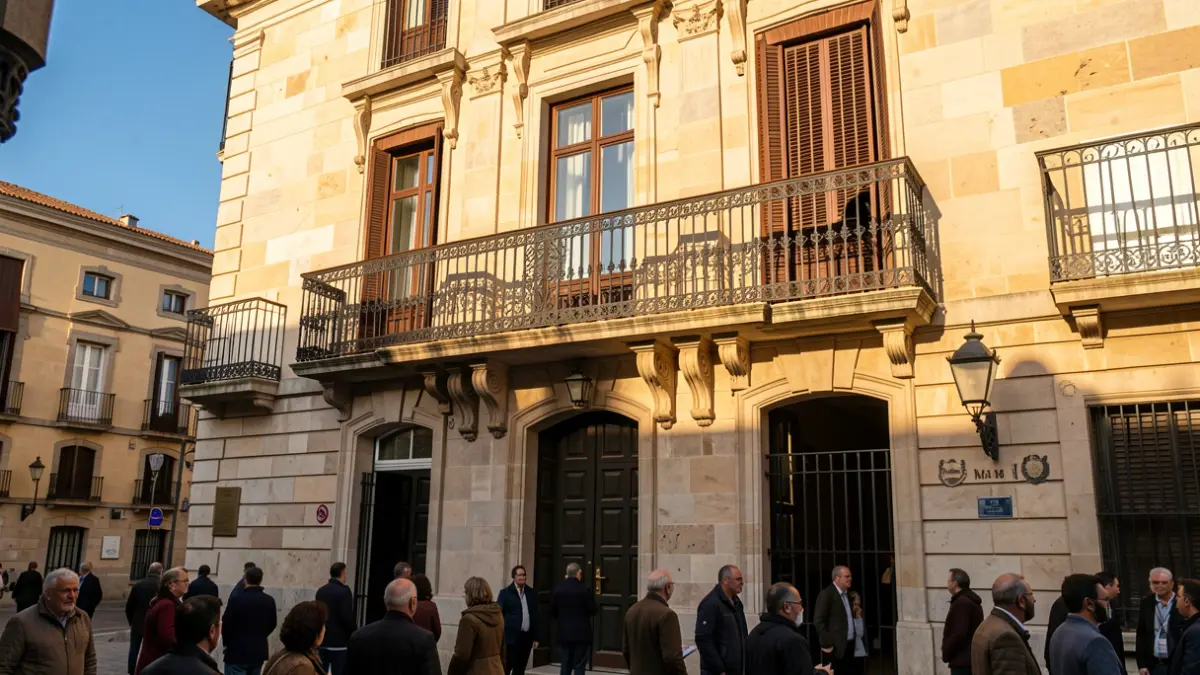 Fachada de piedra de un ayuntamiento de la Comunidad de Madrid con balcón y barandillas de hierro, luz cálida de la tarde.