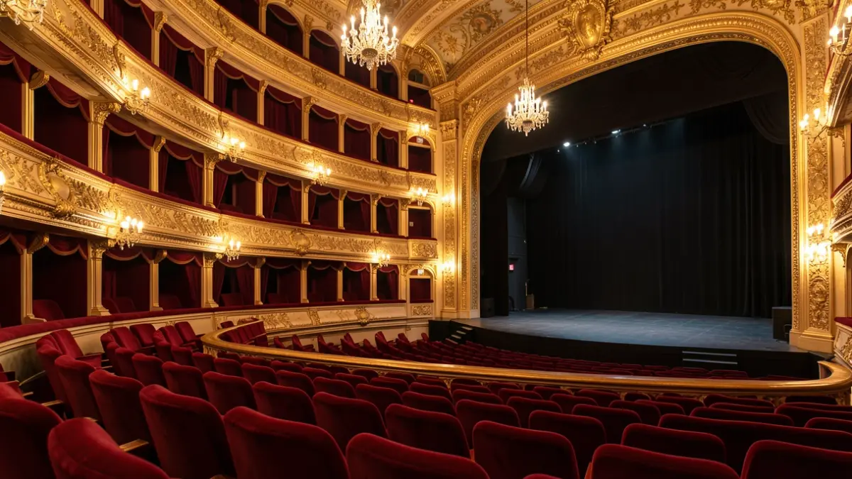 Interior of a historic Spanish Golden Age theater, featuring gold detailing and red velvet seating.