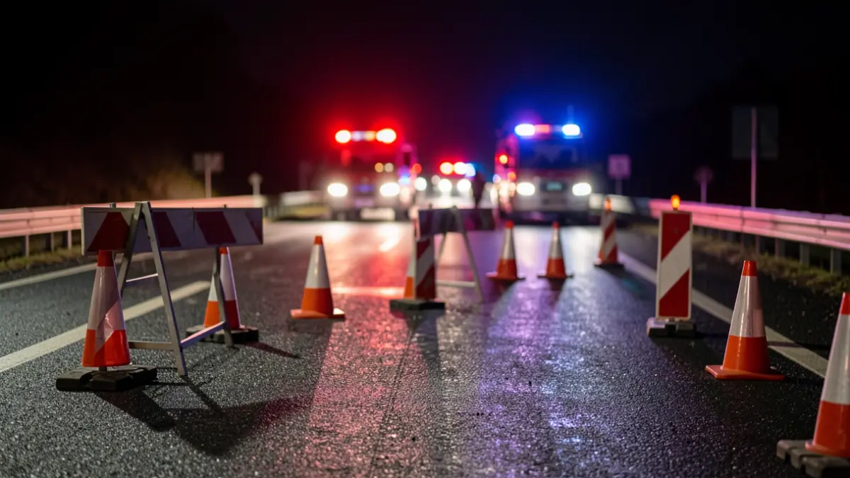 Imagen genérica de un corte de carretera por obras con luces de emergencia.