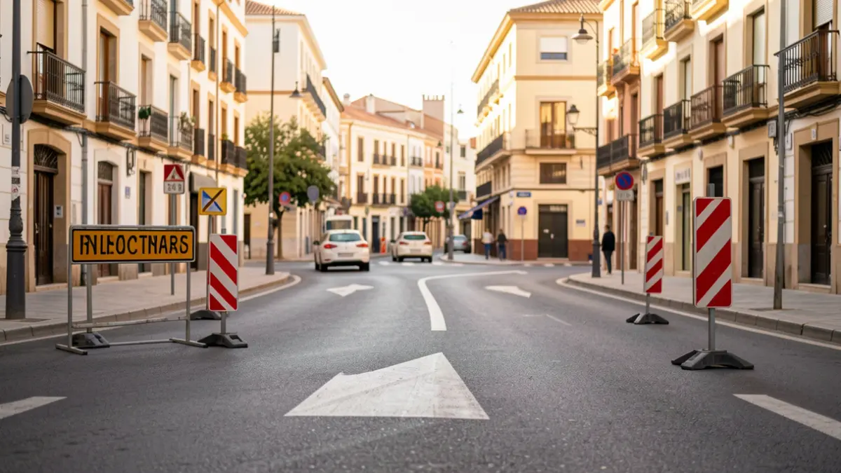Image of a partial traffic cut in a roundabout in Alcalá de Henares with temporary signage.