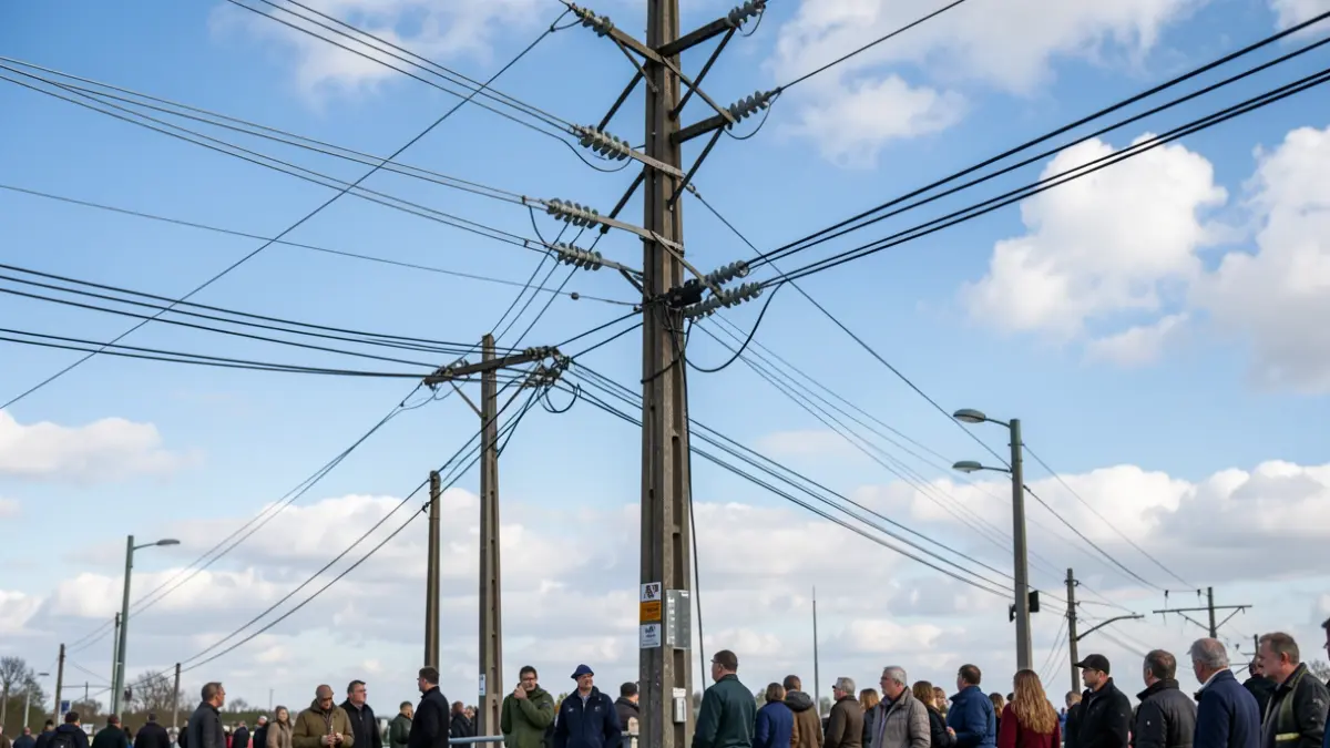 Imagen genérica de postes eléctricos y cables durante trabajos de mantenimiento.