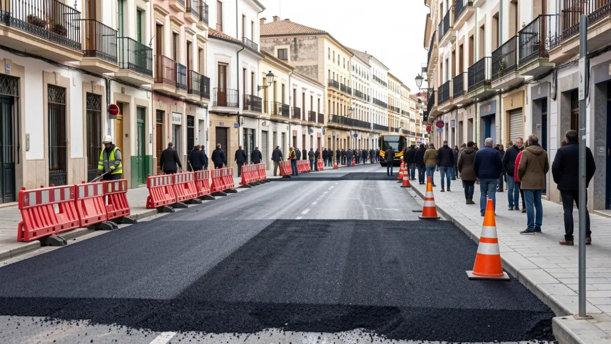 Asphalt paving work on Teniente Ruiz street in Alcalá de Henares with machinery and signage.