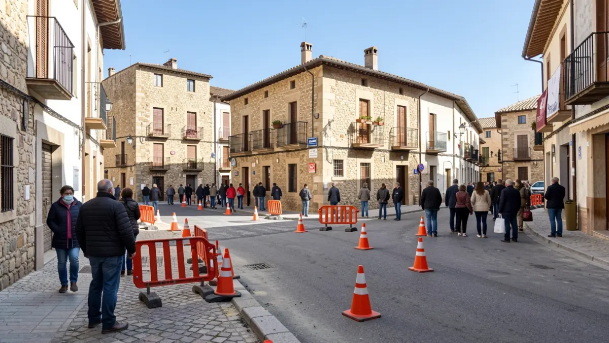 Imagen genérica de obras en una plaza de un pueblo español con barreras de tráfico.