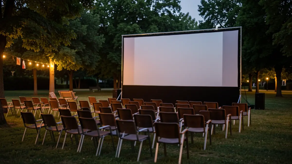 Outdoor cinema screen in a park at dusk, with empty chairs and trees in the background.