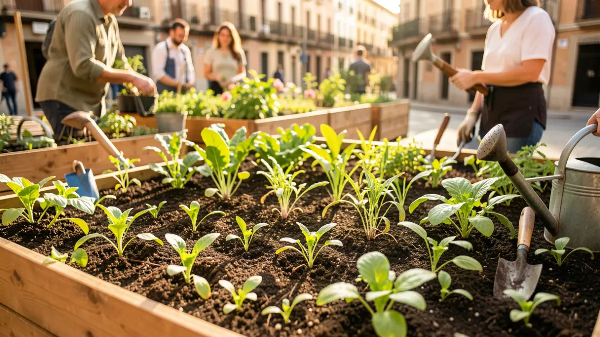 Imagen genérica de un huerto urbano en Madrid con herramientas de cultivo y plantas.