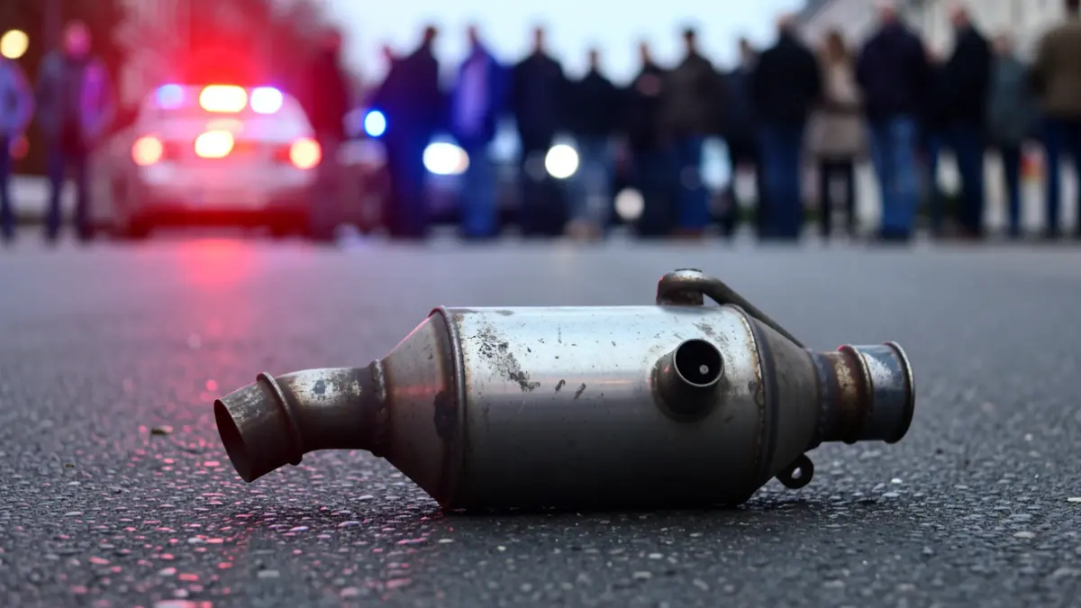 Close-up of a car catalytic converter, on dark asphalt with blurred police emergency lights in the background.