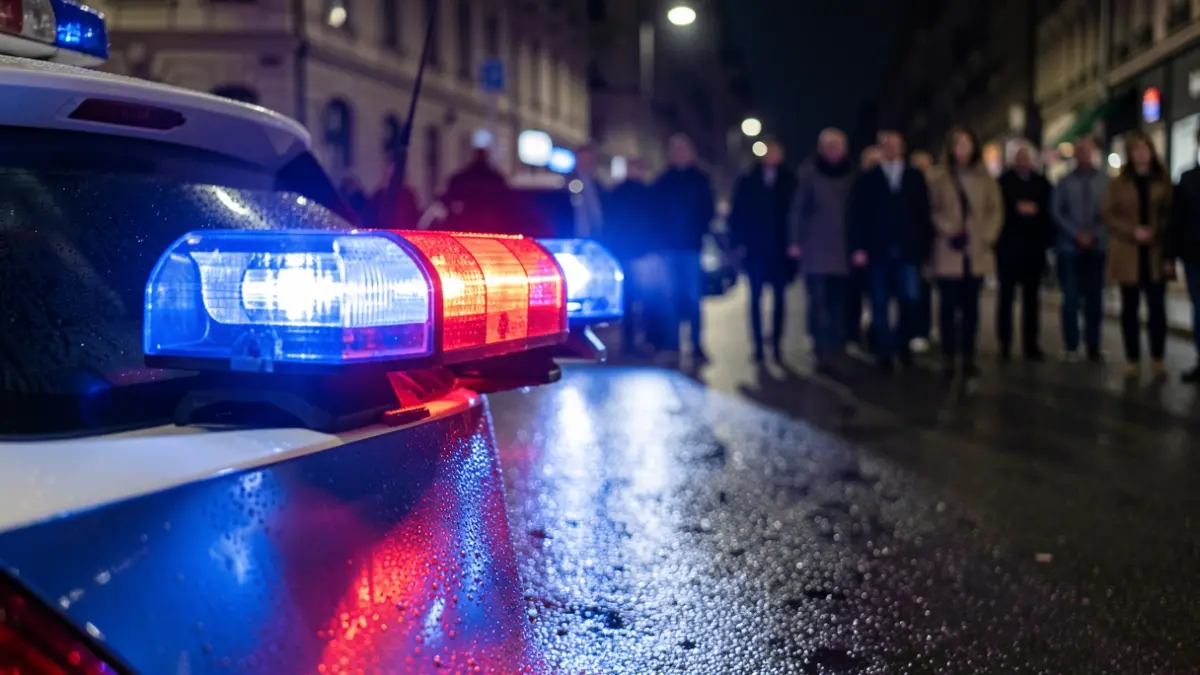 Imagen genérica de luces de emergencia policiales reflejándose en asfalto mojado por la noche.