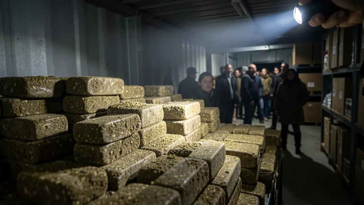 Stacks of hashish bricks in a storage unit, illuminated by a police flashlight.