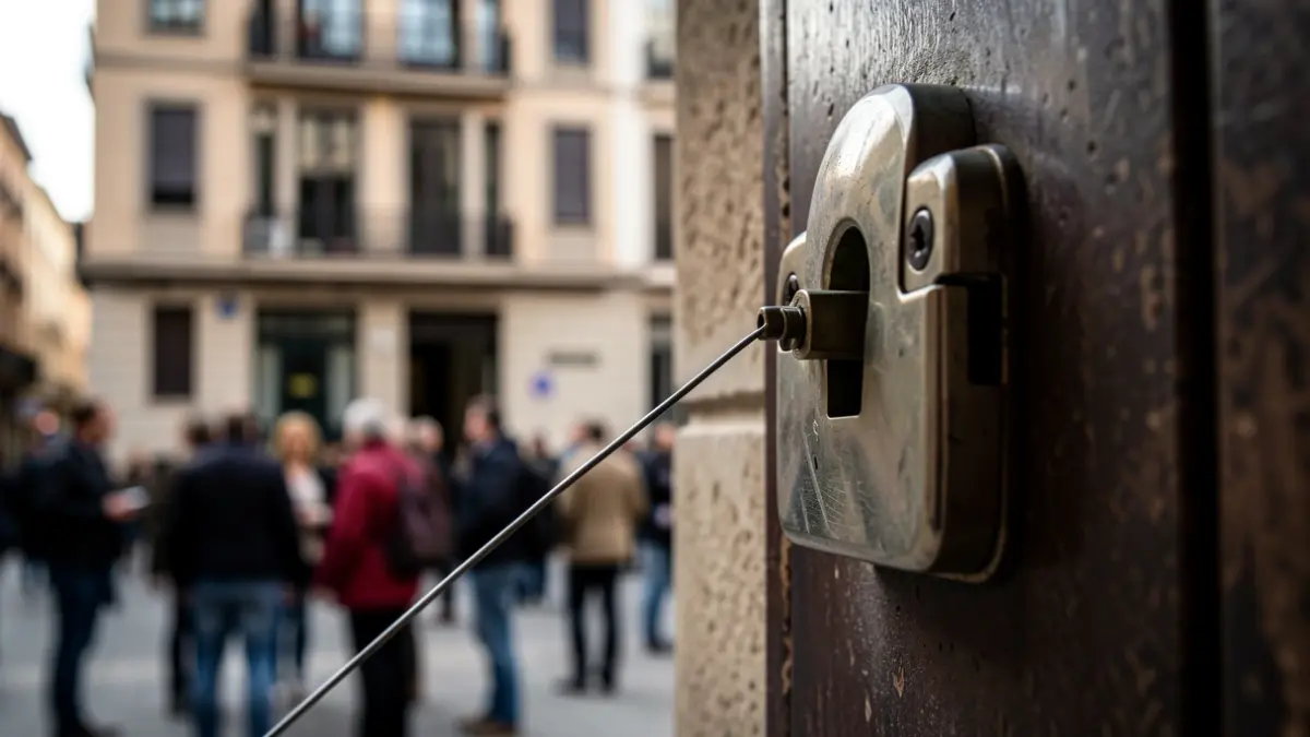 Primer plano de una cerradura con un alambre fino insertado, sugiriendo un intento de robo. El fondo muestra la fachada de un edificio de apartamentos genérico en Madrid.