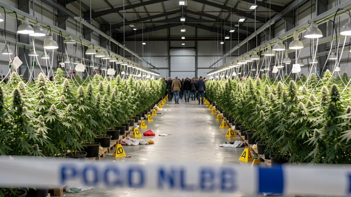 Imagen de una nave industrial con plantas de marihuana y material de cultivo intervenido por la Guardia Civil.
