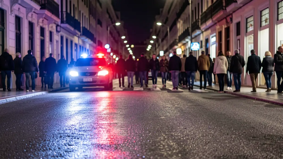 Generic image of police emergency lights reflecting on wet asphalt at night.