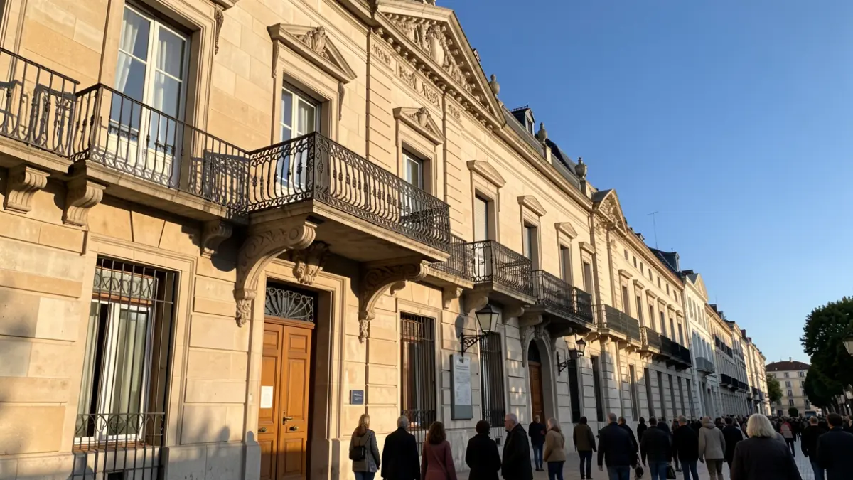 Fachada de piedra de un ayuntamiento de la Comunidad de Madrid con balcón y barandillas de hierro, luz cálida de la tarde proyectando sombras.