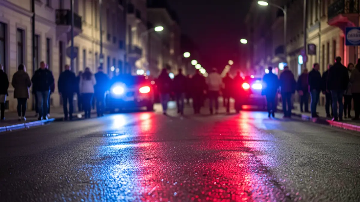 Generic image of police emergency lights reflecting on wet asphalt.