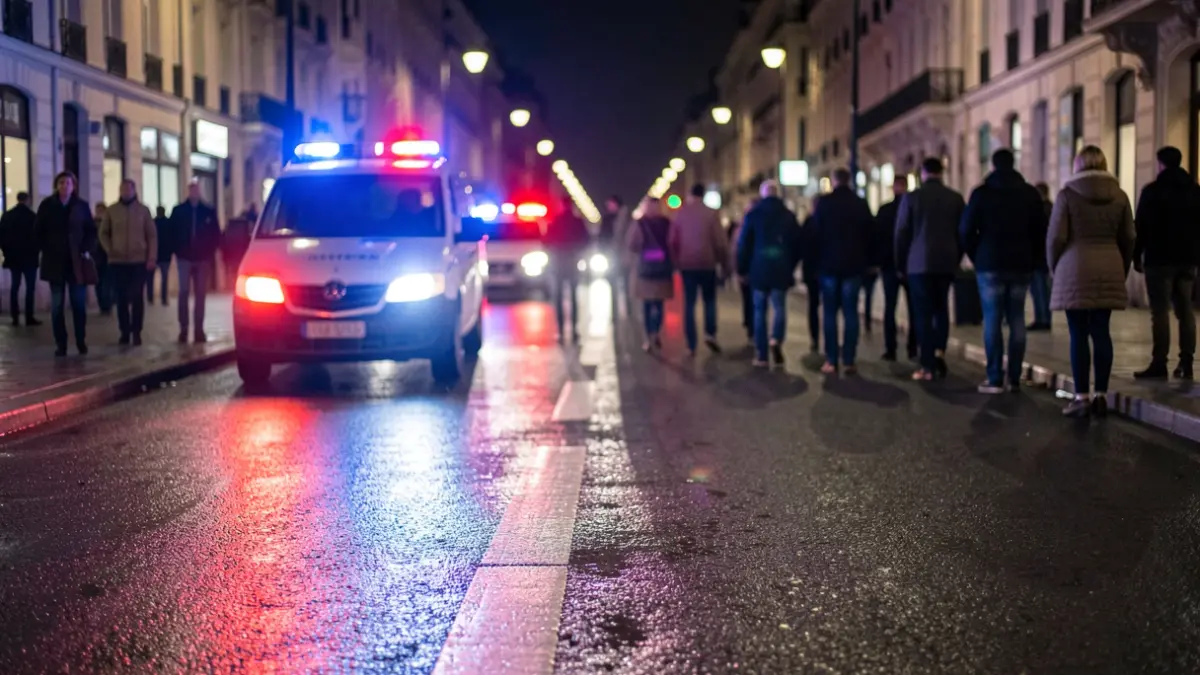 Generic image of police emergency lights reflecting on wet asphalt at night.