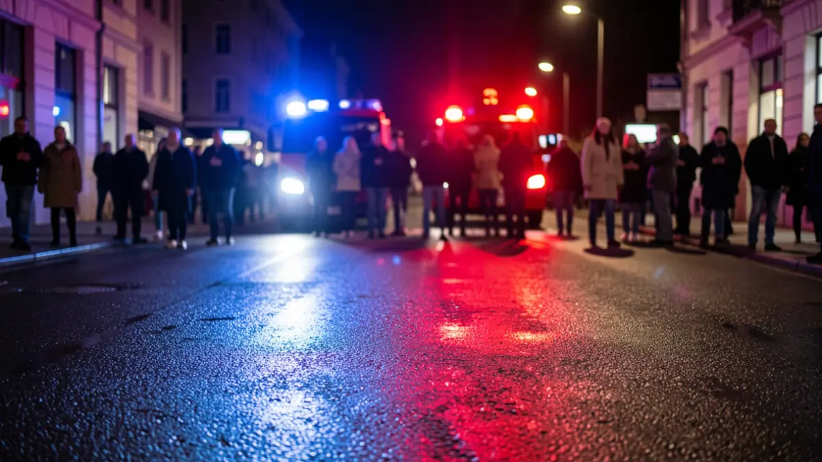 Imagen genérica de luces de emergencia policiales reflejándose en asfalto mojado por la noche.