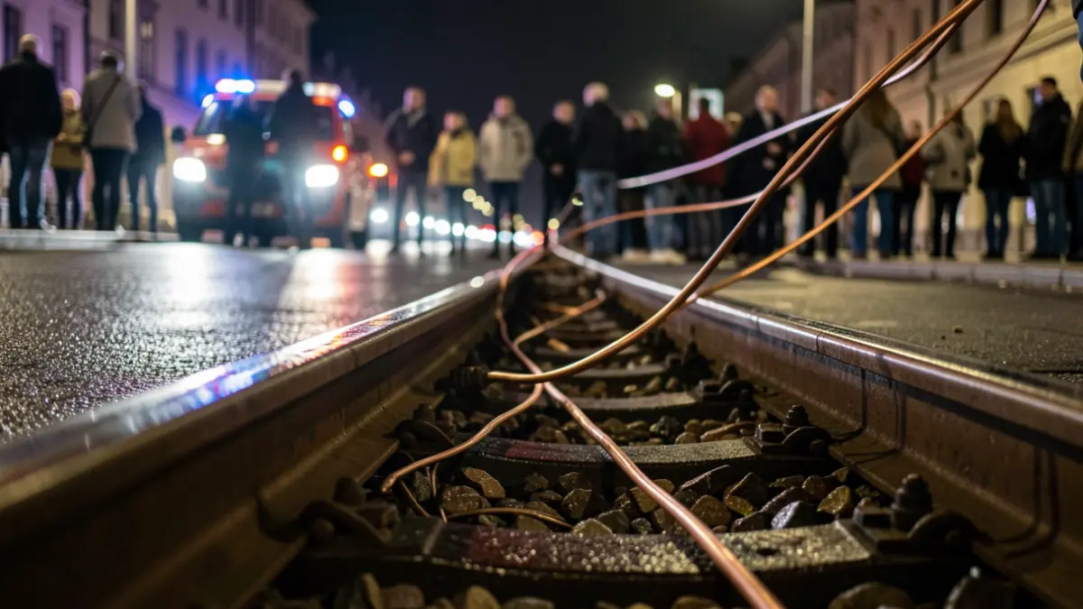 Primer pla de cables de coure de vies de tren sent manipulats, amb llums d'emergència difuminades al fons.