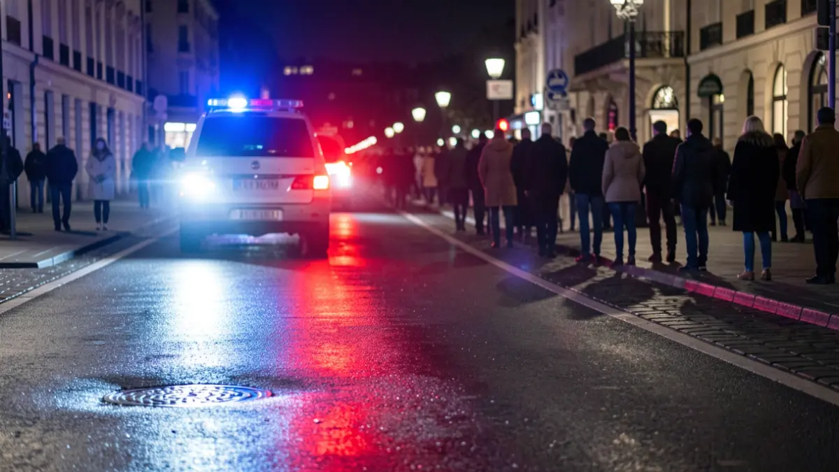 Imagen genérica de luces de emergencia policiales reflejándose en asfalto mojado por la noche.