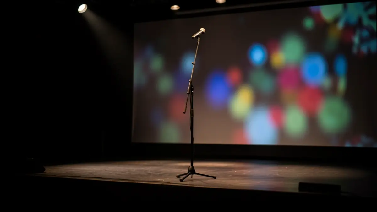 Escena de concierto con micrófono en el escenario y proyecciones abstractas.