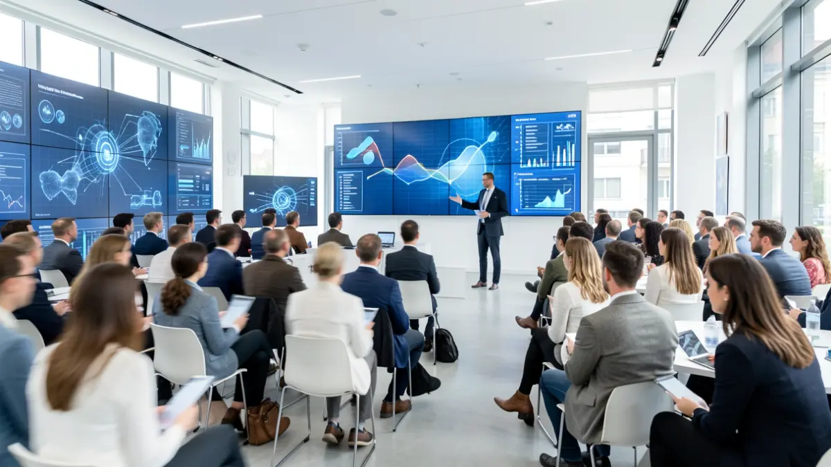 Generic image of a digital innovation center with attendees and screens.