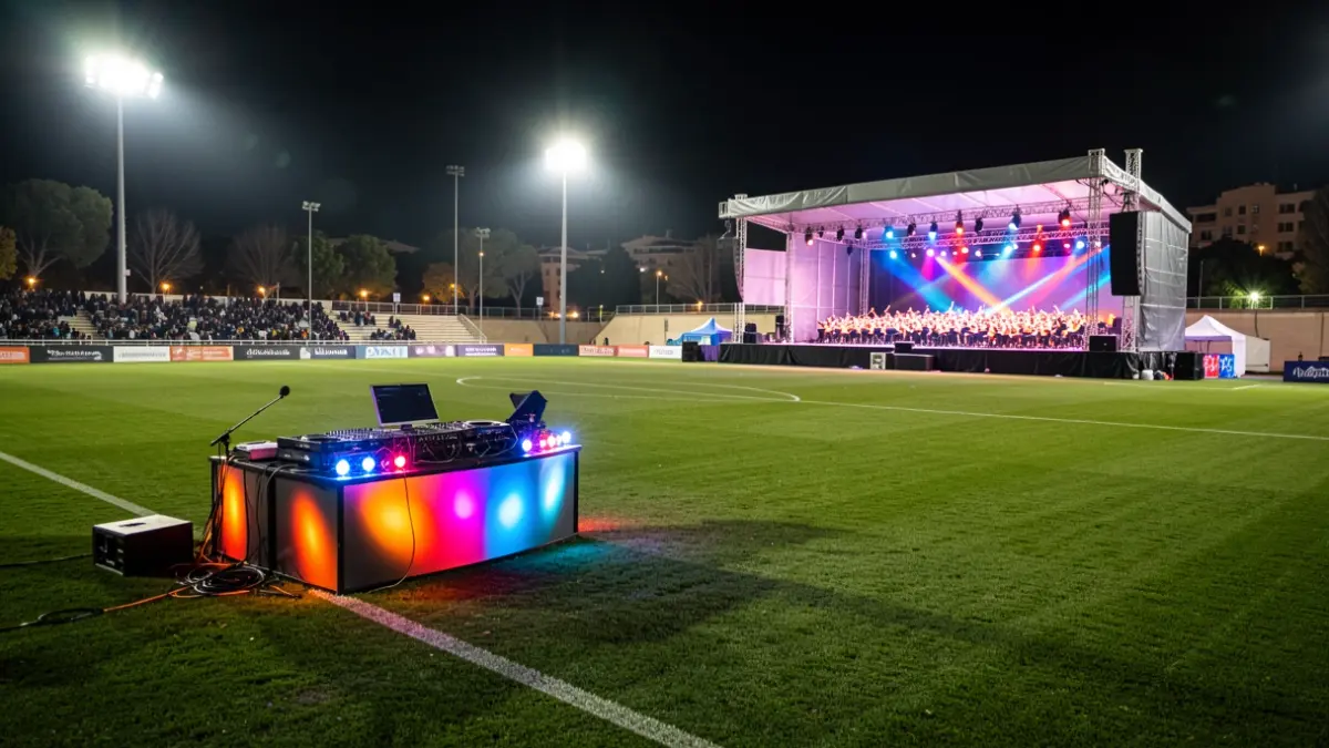 Imagen genérica de un campo de fútbol preparado para un concierto nocturno con un escenario y equipo de DJ.