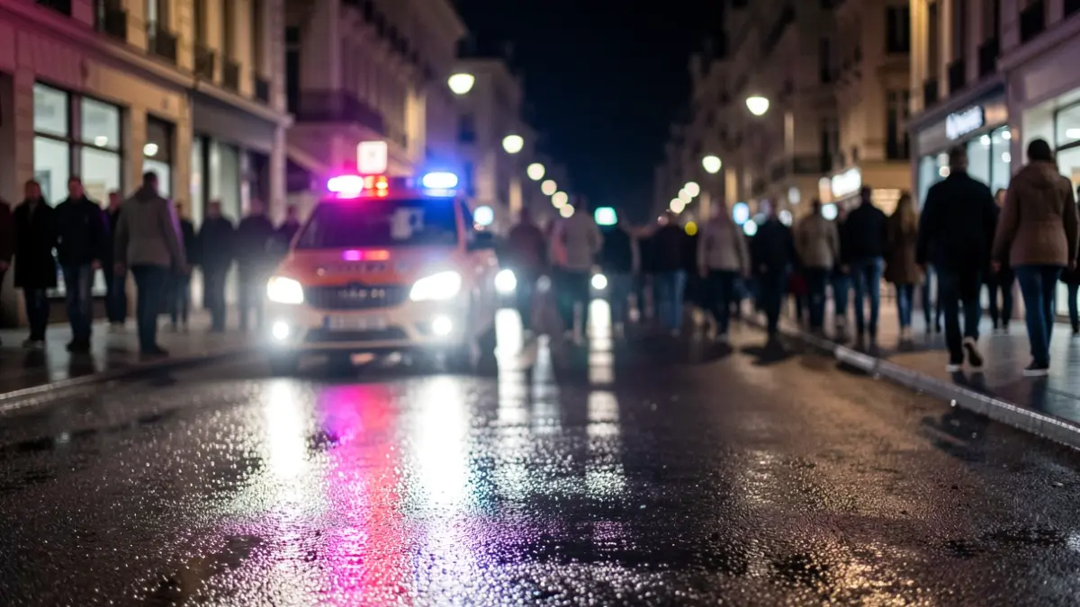 Generic image of emergency lights on wet asphalt at night.