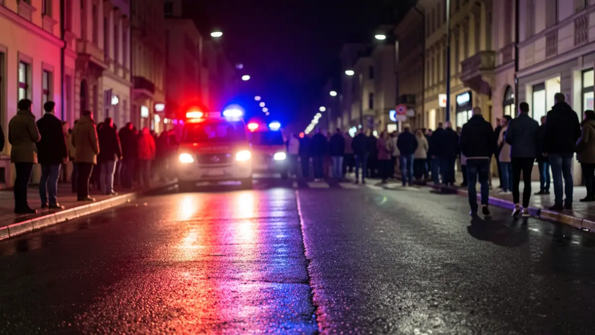 Imagen genérica de luces de emergencia policiales reflejándose en asfalto mojado por la noche.