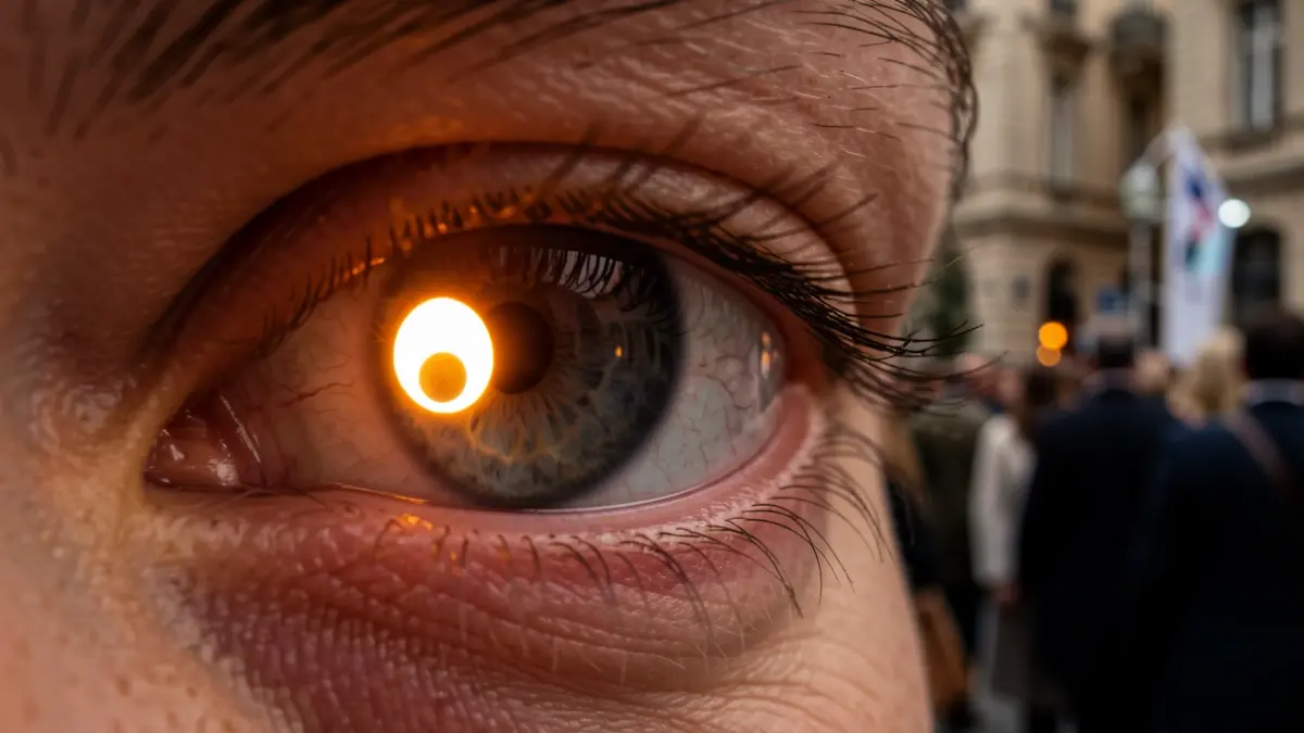Primer plano de un ojo humano reflejando el sol durante un eclipse solar, con un sutil indicio de equipo médico al fondo, simbolizando fatiga visual y preocupaciones de salud.