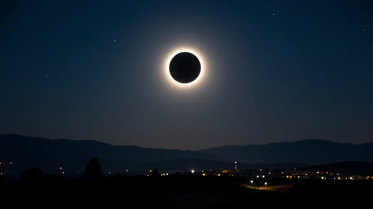 Cielo nocturno sobre la Sierra Norte de Madrid durante un eclipse solar, con la luna ocultando parcialmente el sol y luces de pueblo a lo lejos.