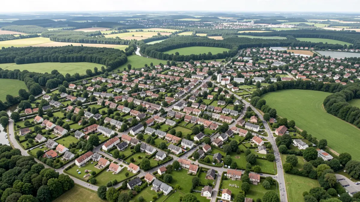 Aerial view of a municipality with urban expansion and protected green zones.