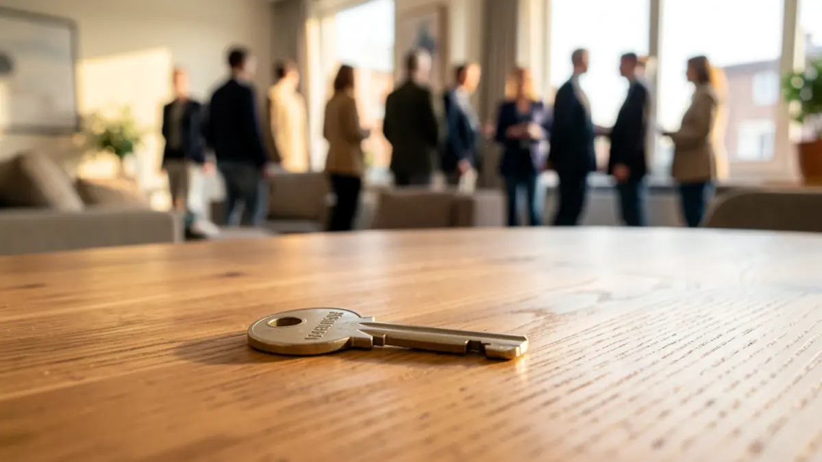 Rental key on a wooden table with a blurred modern living room in the background.