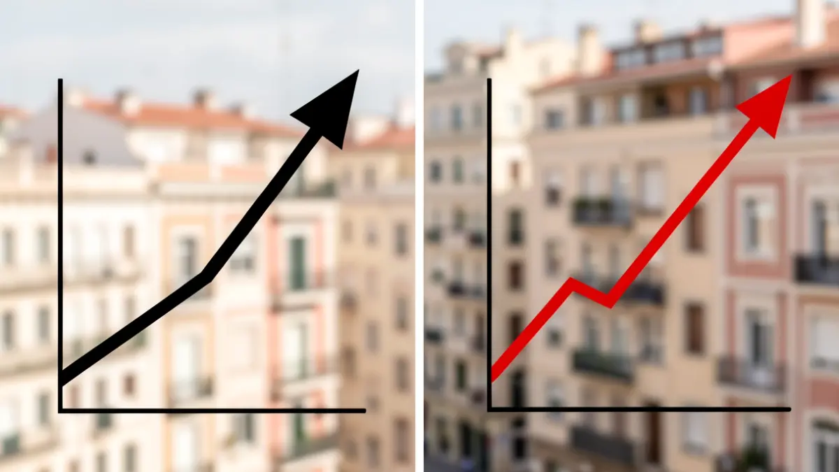 Gráfico de precios de alquiler en Alcorcón subiendo frente a la caída general en la Comunidad de Madrid.