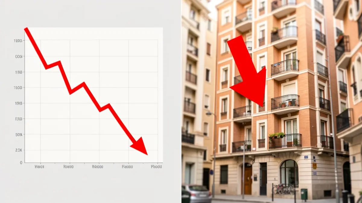 Graph of falling rental prices and residential building with a downward arrow.