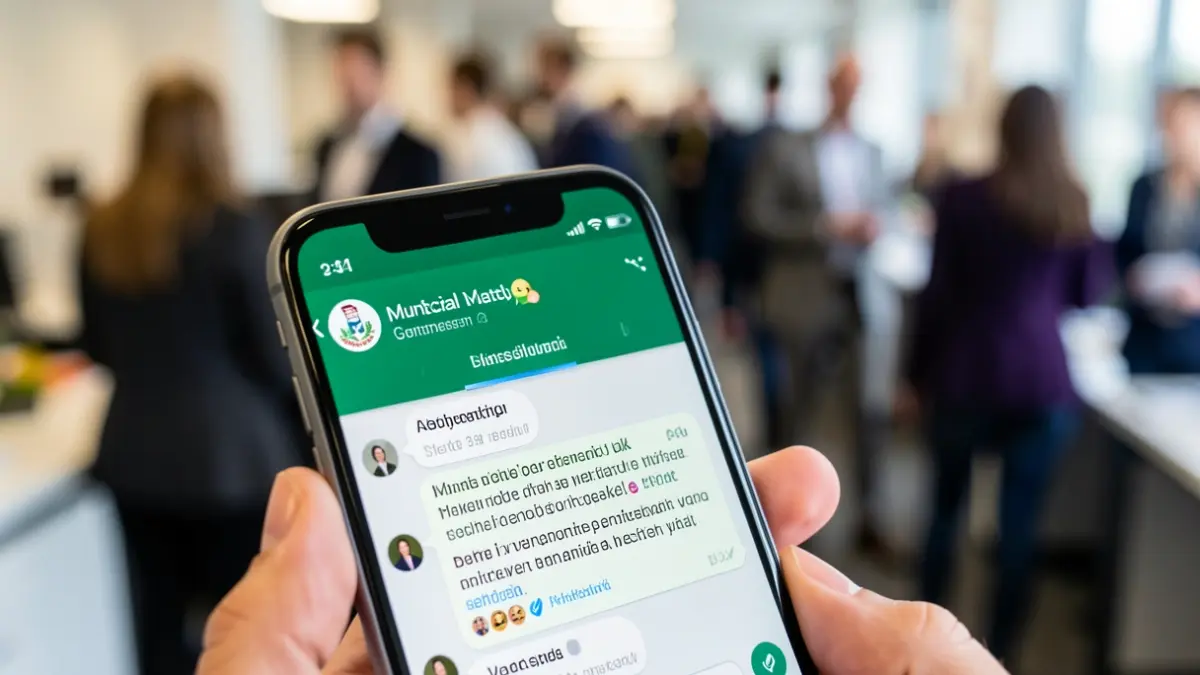 Imagen de un teléfono móvil mostrando la interfaz de chat de WhatsApp con un logo municipal.