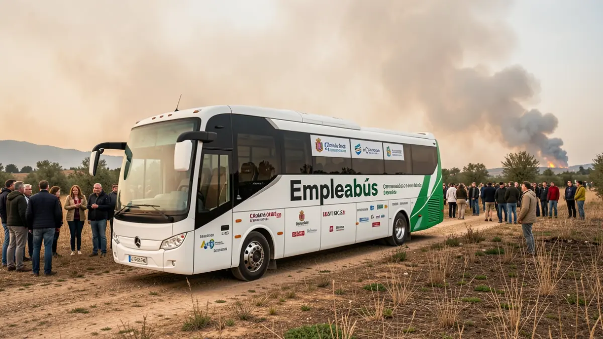 Comunidad de Madrid's Empleabús bus in a rural area affected by wildfires.