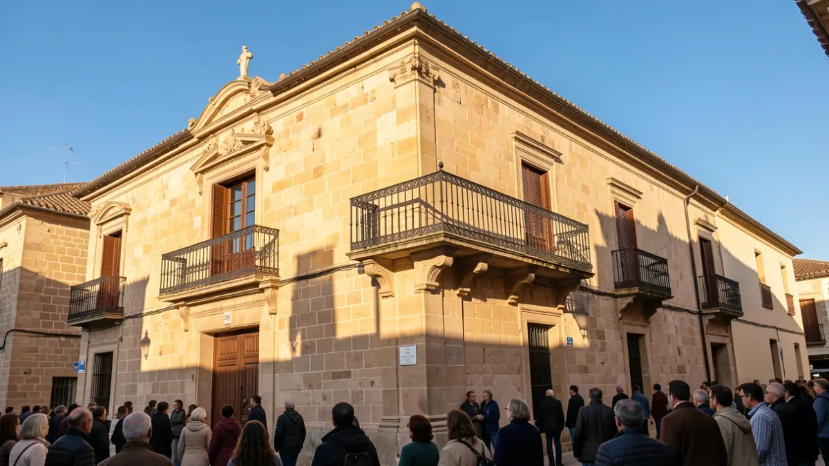 Fachada de un ayuntamiento de piedra con balcón y barandillas de hierro, luz de tarde.
